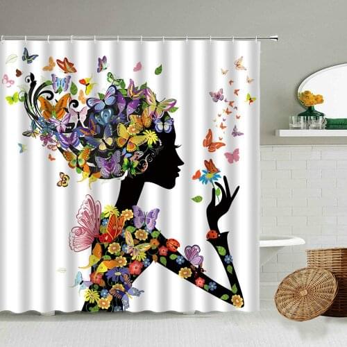 Flower Butterfly Girl Shower Curtain Cute Woman Leaf Creative Hairstyle Bathroom Waterproof Polyester Curtains Home Decoration