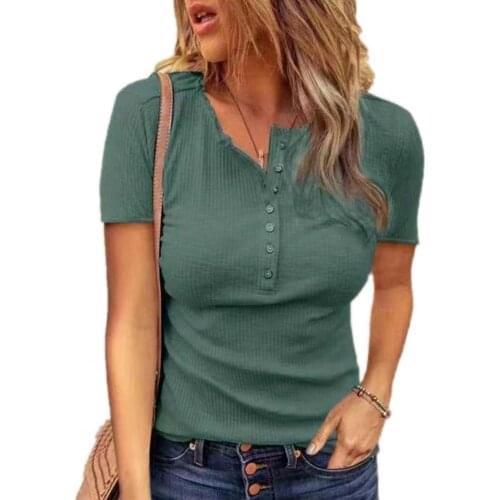 Summer Women T-shirt Solid Color Women Short Sleeve O Neck Buttons Slim Top Summer Streetwear платье летнее 2021