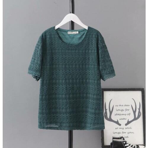 Plus size lace short sleeve o neck women tshirts 2021 summer cotton ladies t shirts female tops t-shirts Beige black green pink