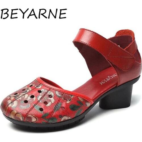 BEYARNE Women Full Toe Genuine Leather Sandals Ladies Mary Jane Chunky Heel Summer Shoes Woman Retro Dress Sandal Shoe Ethnic