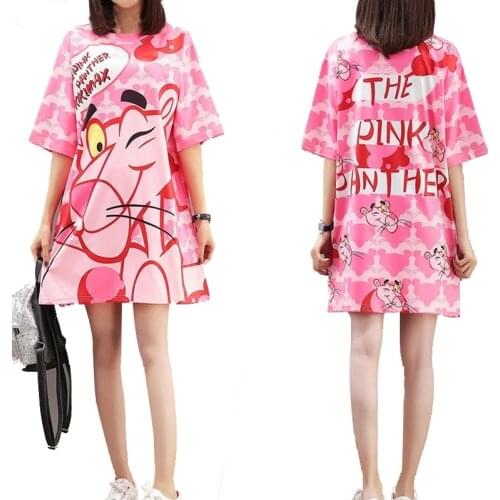 QING MO 2021 Panther T Shirt Dress Summer Cartoon Tee Shirt Women Casual Dresses Plus Size Cotton Short Sleeve Dress Femme QF618