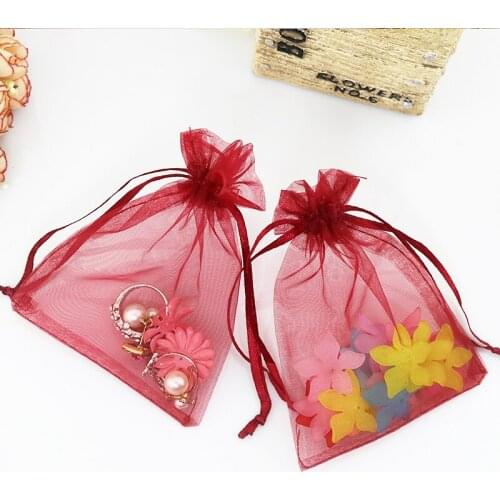 1000pcs/lot Drawable Dark Red Small Organza Bags 9x12cm Favor Wedding Christmas Gift Bag Jewelry Packaging Bags & Pouches