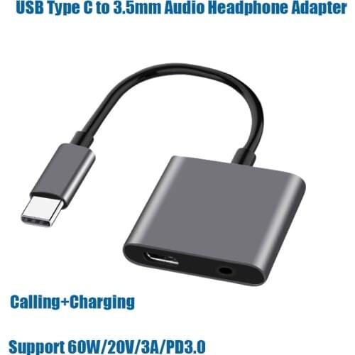 2in1 USB Type C to 3.5mm Audio Headphone Adapter Music Audio Splitter Jack PD 60W Charger Cable for Samsung Huawei Honor Adapter