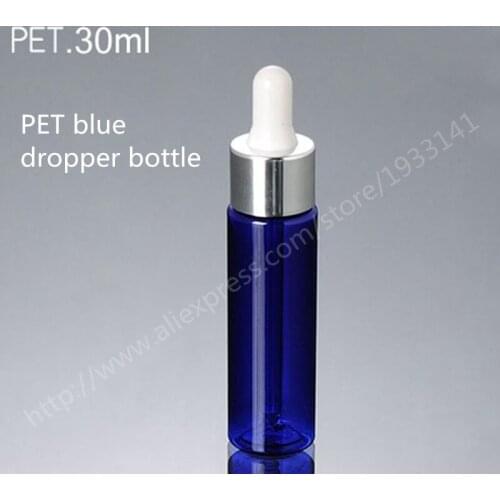 200pcs/lot 30ML blue flat shoulder PET bottle with plastic head silver ring essence liquid bottle plastic packaging bottle