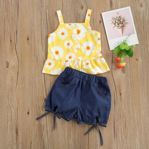 2021 Children Floral Print Clothes Set, Girls Sleeveless Ruffle Hem O-neck Sling Tops+Shorts Jeans with Pockets