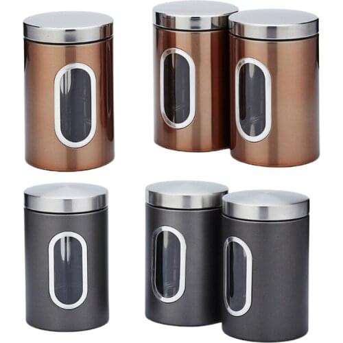 3Pcs Kitchen Canister Sugar Food Tea Coffee Candy Storage Jars Stainless Steel With Transparent Windows Dry Food Snack