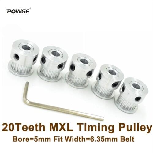 POWGE 5pcs 20 Teeth MXL Timing Pulley Bore 5mm Fit Width 6.35mm MXL Belt 20T 20Teeth MXL Pulley 3D Printer DIY Ultimaker