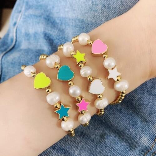5PCS, Enamel Star Heart Charm Pearl Bracelet For Woman Pearl Gold Beads Macrame Bracelet Woman Lady Jewelry
