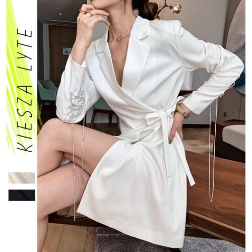 White blazer for women 2020 autumn long sleeve bling chains office lady slim blazers suit jacket outwear runway fashion
