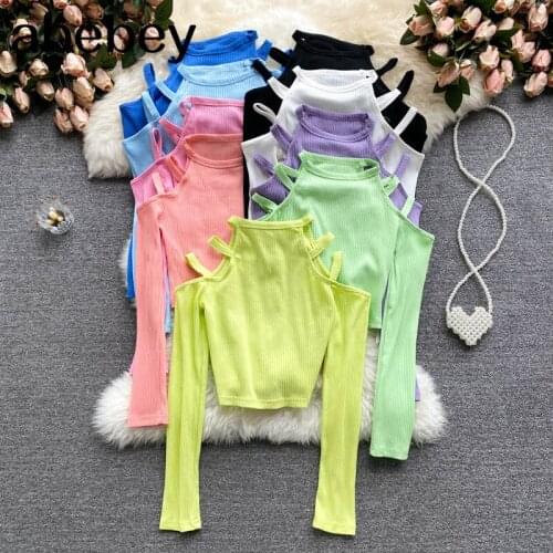 Women Korean Knitted Blouse Design Hollow Off Shoulder Long Sleeve Slim Tops Autumn Fashion Streetwear Short Blouses