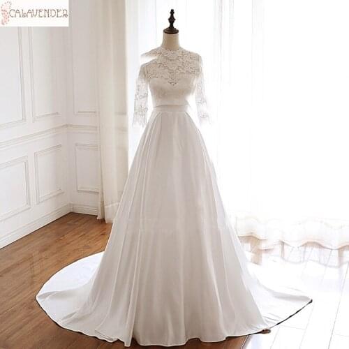 Elegant Satin Lace Winter Two Piece Wedding Dress with 3/4 Sleeve 2 in 1 Wedding Dresses A-Line Covered Buttons Wedding Gowns