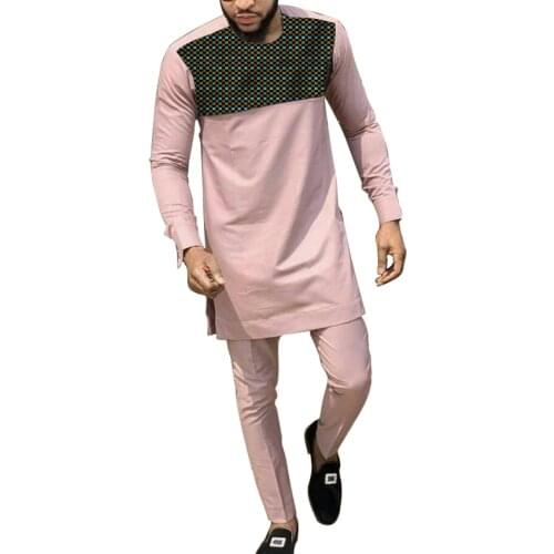 Cotton Mens Groom Suits Patchwork Tops+ Solid Baby Pink Pants Set Custom Made African Traditinal Wedding Occasion Garments