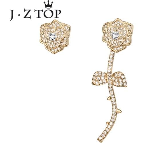 JZTOP Luxury Crystal Rose Flower Stud Earrings Wedding Banquet Rhinestone Gold Color Asymmetric Earring For Women Jewelry Gifts