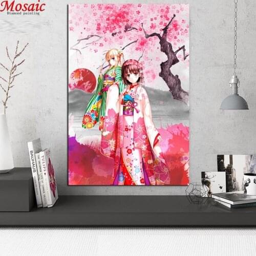 Diy Diamond Painting Full Square Two Pink Japanese Kimono Girl Embroidery cartoon Mosaic Picture Of Rhinestones Home Decor