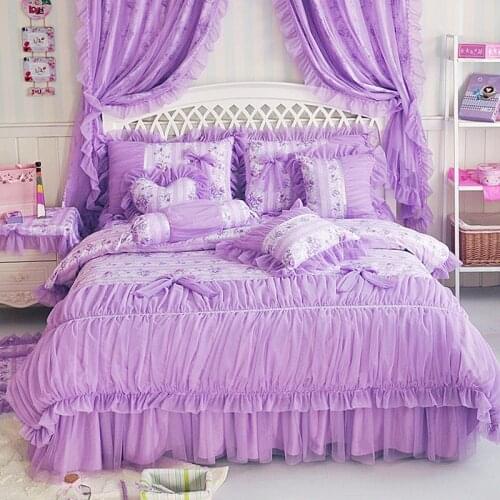 Top Pastoral Style Bedding Set Luxury Princess Bedspread Purple Lace Ruffle Cotton Home Duvet Cover Bed Skirt Linen Pillowcases