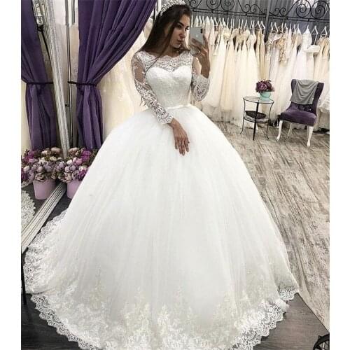 Long Sleeves Lace Up Back Lace Applique Princess Ball Gown Wedding Dresses Lace Bride Gowns vestido de noiva