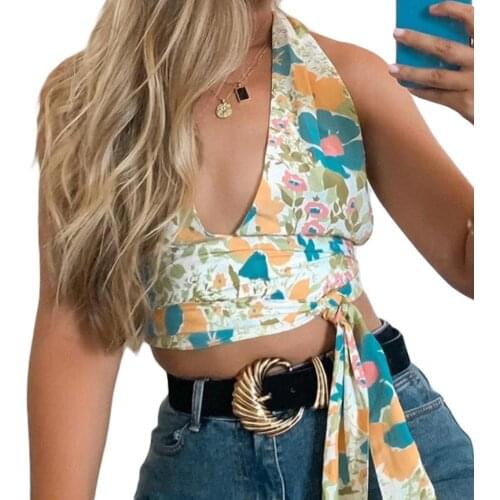 Women Halter Tank Tops Sexy Deep V Neck Sleeveless Self Tie Backless Floral Print Ruched Camisole