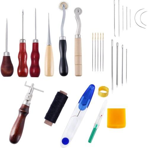 15Pcs/Set Leather Craft Punch Tools Kit Stitching Carving Working Sewing Saddle Groover Leather Needle Awl Leather Craft Tool