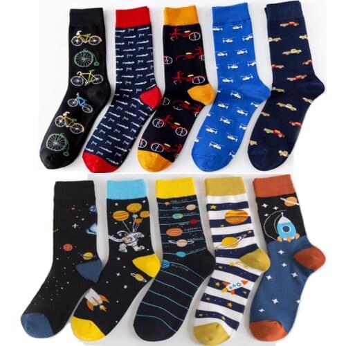 Novelty Happy Funny Space Socks Combed Cotton Colorful Mens Socks Bike Car Helicopter Christmas gift metric Formula Cotton Sock