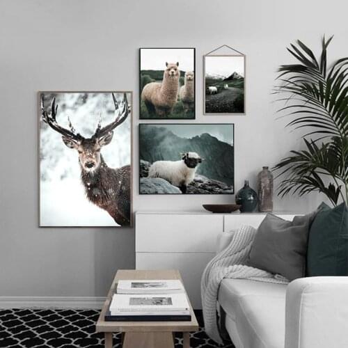 Nordic Landscape Peak Grassland Art Poster Alpaca Elk Goat Close-up Canvas Printed Painting Modern Living Room Wall Decoration