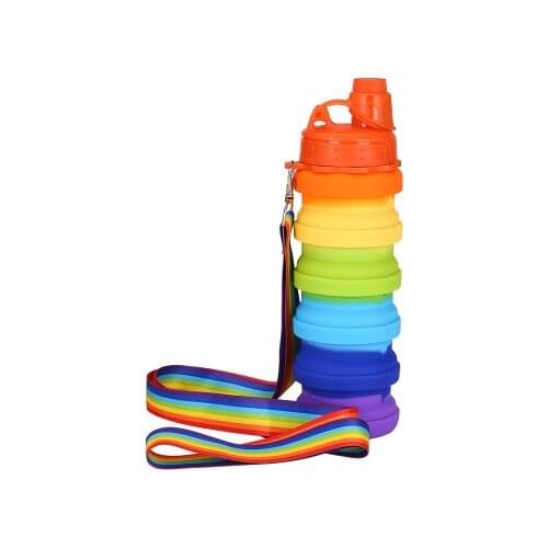 500ML Folding Rainbow Stripe Water Bottle Sports Silicone Water Cup with Lanyard Foldable Water Bottle with Lid for Kids/Adults
