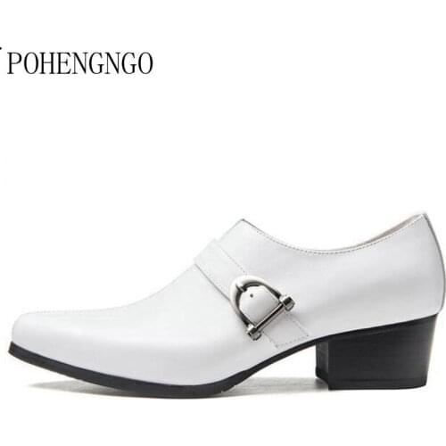 New mens genuine leather dress shoes high heels men fashion height increase wedding shoes white black designer career work shoes