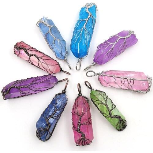 Vintage Chakra Natural Stone Tree of Life Quartz Pendant Necklace for Women Men Handmade Wire Wrap Long Chain Statement Jewelry
