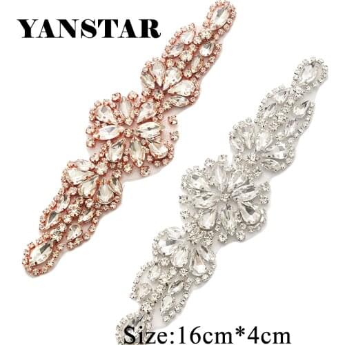 YANSTAR(5pcs) Wholesale Rhinestones Appliques For Wedding Dress Sash Rose Gold Clear Crystal Rhinestones Applique YS891