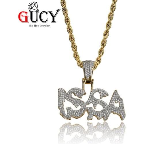 GUCY Hip Hop Jewelry Gold Color Plated Iced Out Micro Paved Shiny CZ Stones Letters ISSA Combine Pendant Necklace For Mens Gift