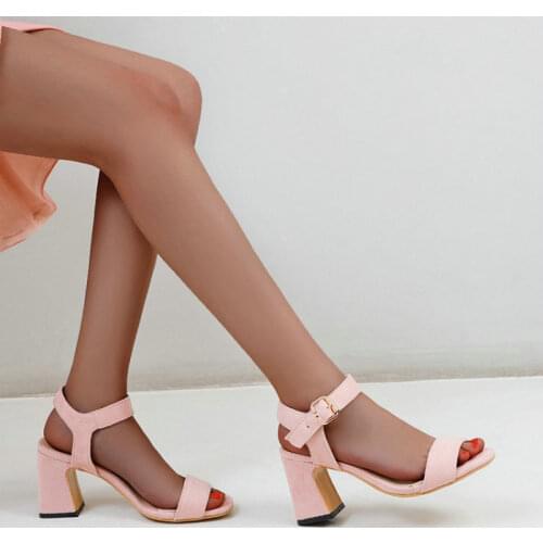 ZawsThia 2021 Summer Flock Pink Brown Womans Office Shoes Block High Heels Classic Open Toe Oversized 46 47 48 Women Sandals