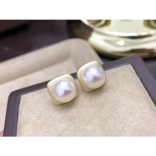 Woman fashion jewelry natural 9-10mm white oblate freshwater pearl square golden matte stud earrings luxury