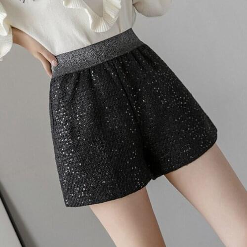 Shorts Feminino 2021 Autumn Winter Korean Fashion Elastic High Waist Sequined Black Shorts Women Casual Wide Leg Ladies Clothes
