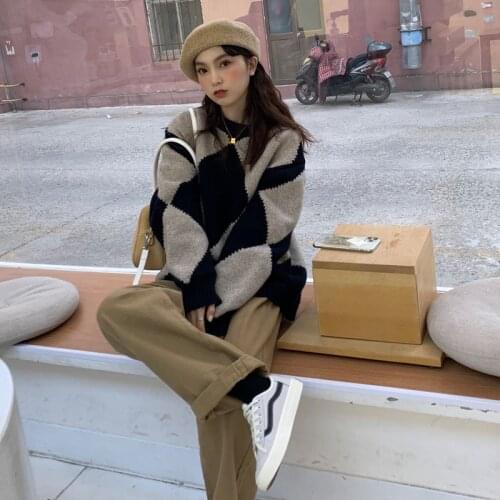 Primaxis Womens sweater jumper 2021 autumn winter women fashion sweater Retro diamond grid thick thick needle