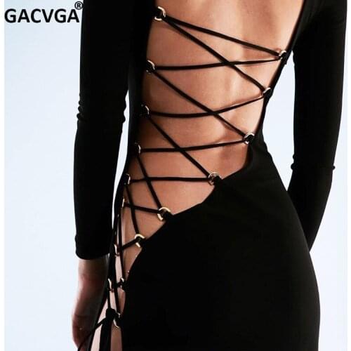 GACVGA Fashion Bandage Long Sleeve Sexy Backless Maxi Dress 2021 Autumn Women Clothing Elegant Split Club Party Dresses Vestido