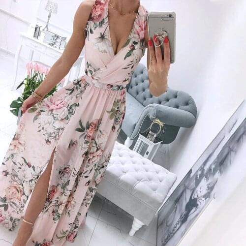 Women Chiffon Flower Print Dress V-neck Sleeveless Side Split Female Maxi Dresses 2021 Summer Lady Holiday Elegant Long Vestido