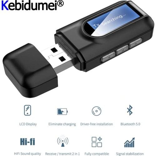 2 In 1 USB Bluetooth Adapter V5.0 Transmitter Receiver LCD Display Audio 3.5mm AUX Jack Stereo Adapter For Car PC TV Headphones