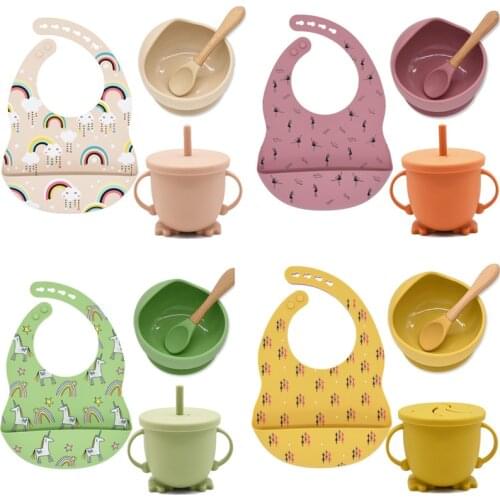 4Pcs/Set Baby Tableware Non-Slip BPA-Free Silicone Bib Spoon Cup Set Food Grade Waterproof Children Learning Feeding Supplies