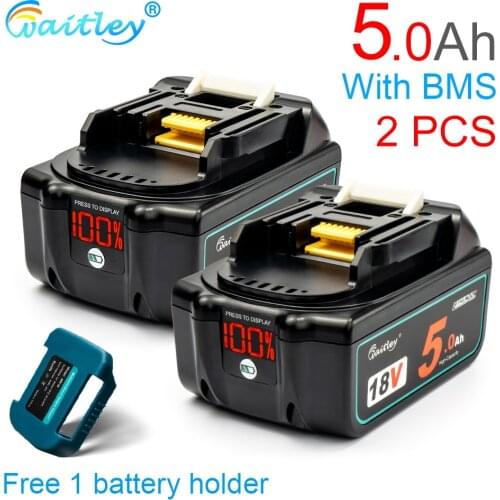 Waitley 2Pack 18V 5.0Ah Replacement Battery for Makita 5000mah BL1830 BL1840 BL1850 BL1860 Battery with LED Power Display 18v 5A