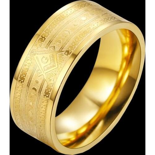 Shinny Gold Color Freemason Masonic Signet Ring For Women Male Punk Jewelry Design Round Band Rings