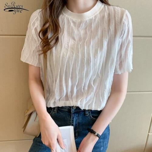 Blusas Summer New 2021 Short Sleeve Women Blouse and Tops Casual Loose O Neck Women Shirts Fashion Pleated Female Clothing 14348