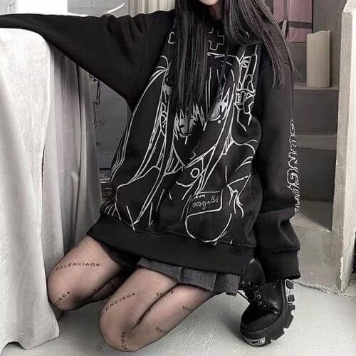 HOUZHOU Gothic Anime Hoodies Women Grunge Mall Goth Plus Velvet Loose Hoodie Japanese Style Harajuku Streetwear Autumn Winter