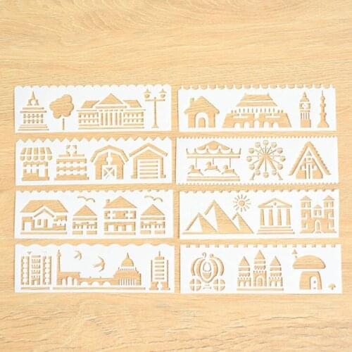 8pc Stencil Building House Child Painting Openwork DIY Scrapbooking Album Decorative Template Drawing Stencils