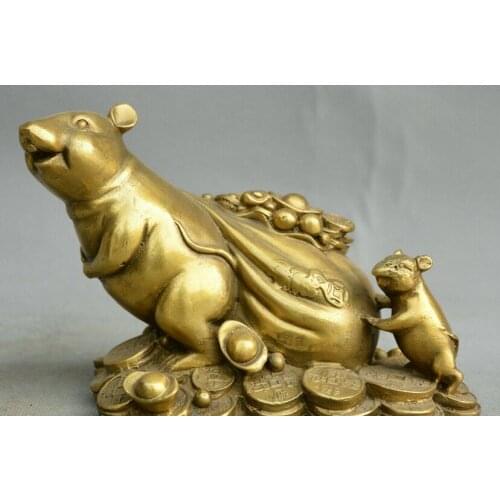 Chinese fengshui old bronze Fortune mouse Gold money bag yuanbao wealth statue