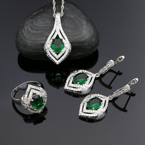 925 Silver Wedding Jewelry Sets Green Cubic Zirconia Earrings Ring Pendant Necklace Set For Women