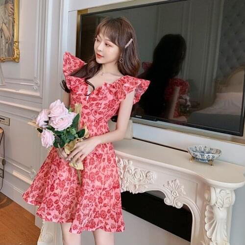 Fashion Korean Vintage Butterfly Sleeve Mini Party Dress Ladies Elegant Casual Sexy V-Neck Sweet Floral Folds Beach Short Dress