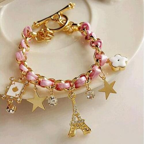 Fashion Trendy Leather Bracelet Jewelry Gold Color Plated Bracelet Eiffel Tower Star Cross Charm Bracelet Many Pendants Bracelet