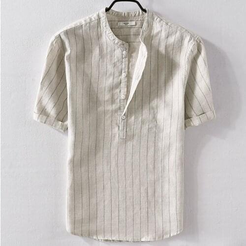 Italy style pure linen short sleeve shirt men summer white casual men shirt loose stripes fashion shirts male camiseta M-3XL