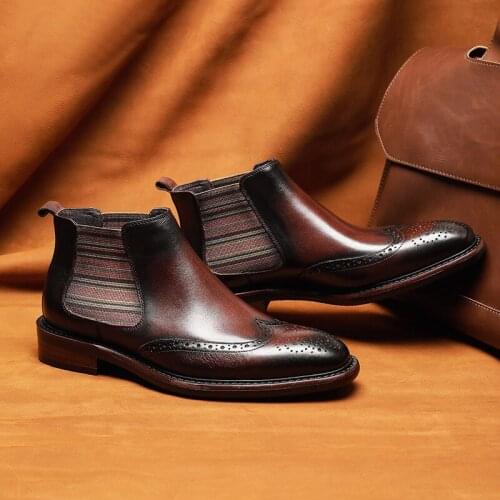 Phenkang Men Winter Genuine Cow Leather Chelsea Boots Brogue Casual Ankle Flat Shoes Comfortable Quality Slipon Dress Boots 2020