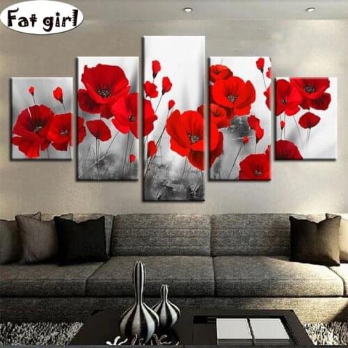 5D square round stones full diamond embroidery 5 Panels set Poppy flower diamond painting Cross stitch mosaic needlework art