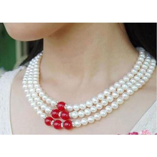 3Rows Genuine 7-8mm Natural White akoya cultured pearl & Red Ruby Beads Necklace
